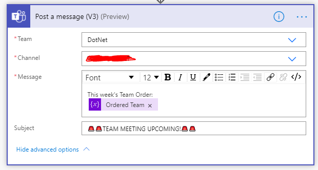 Post the ordered list to the teams channel