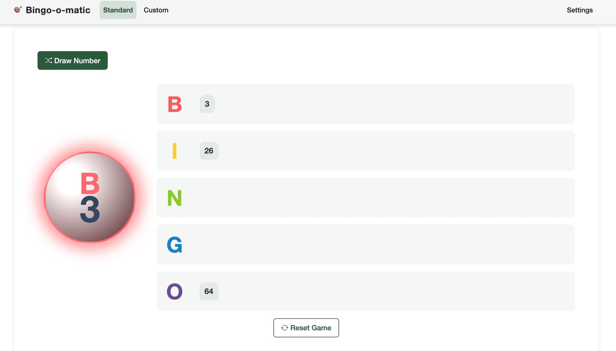Standard Bingo mode with traditional numbered board