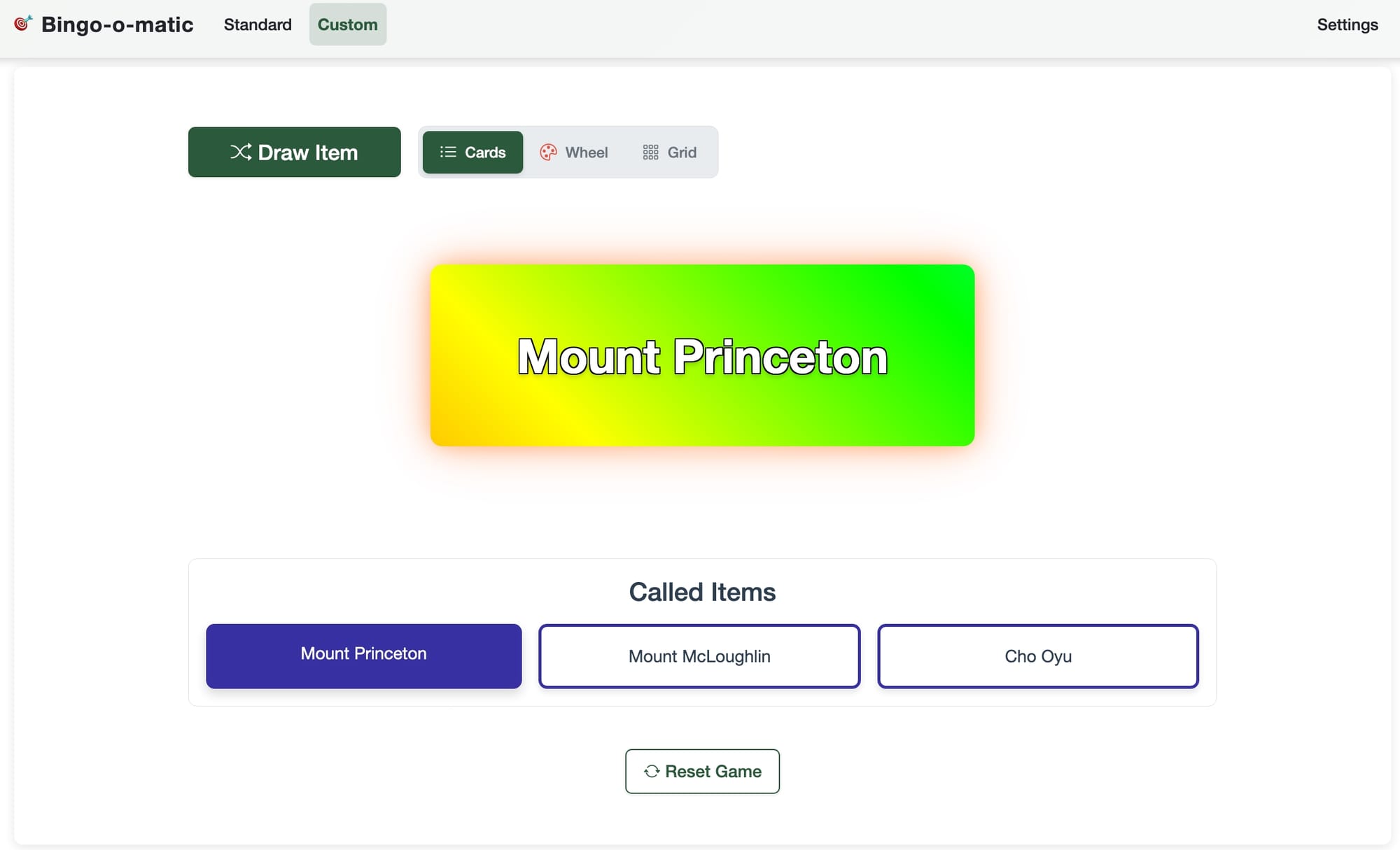 Custom Bingo interface with themed content