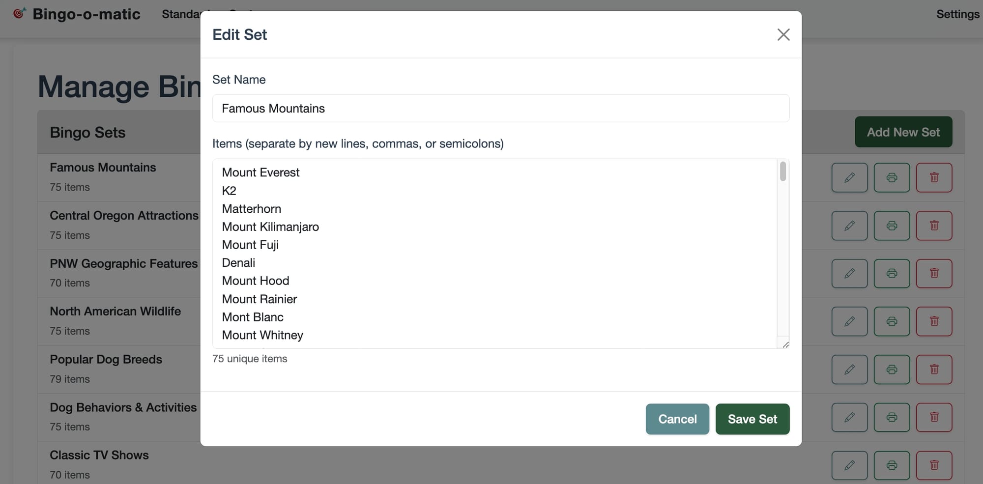 Custom bingo set creation interface