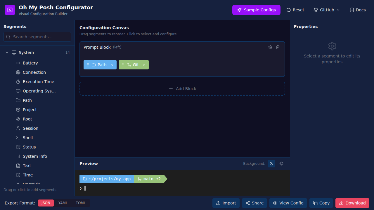 &nbsp;The main interface showing the segment picker, configuration canvas, and live preview