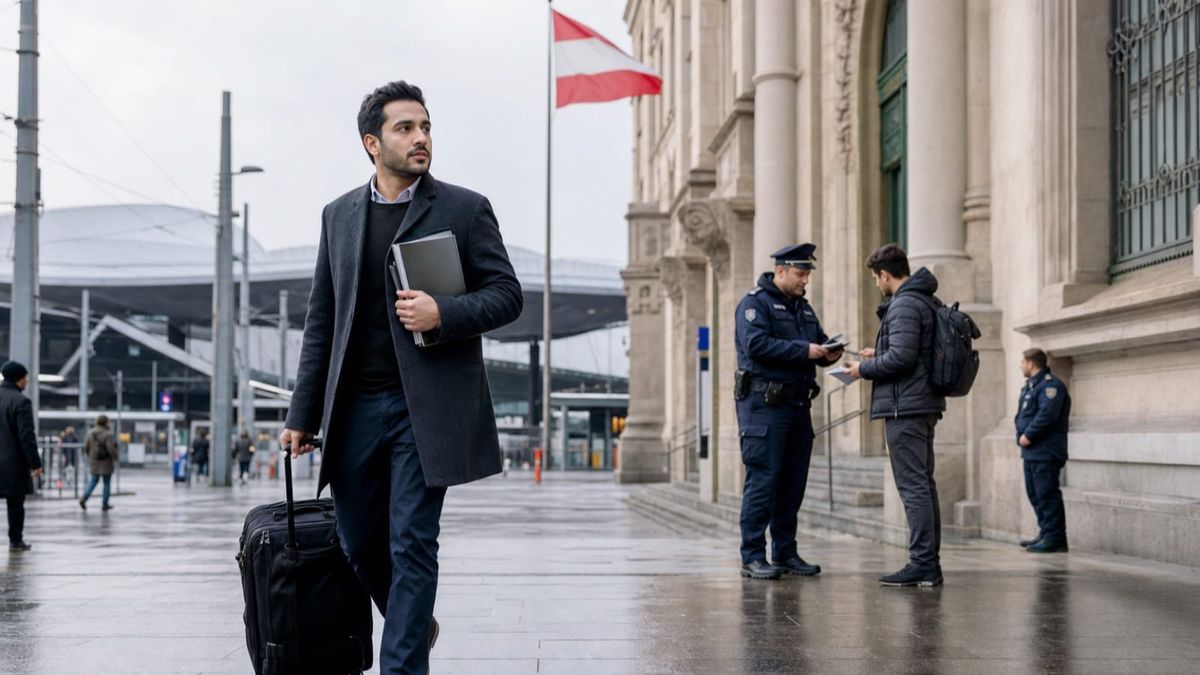 Profissional estrangeiro caminha por Viena enquanto policiais verificam documentos de um viajante