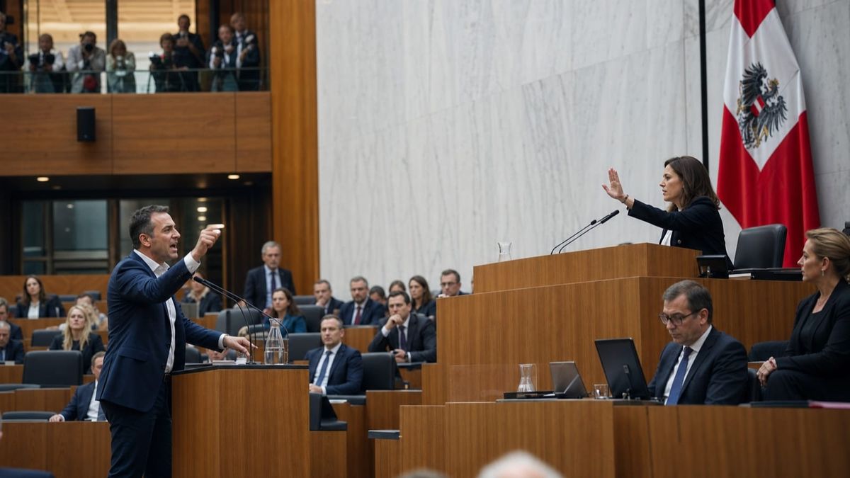 Parlamentar discursa enquanto presidente chama a sessão à ordem no Parlamento austríaco