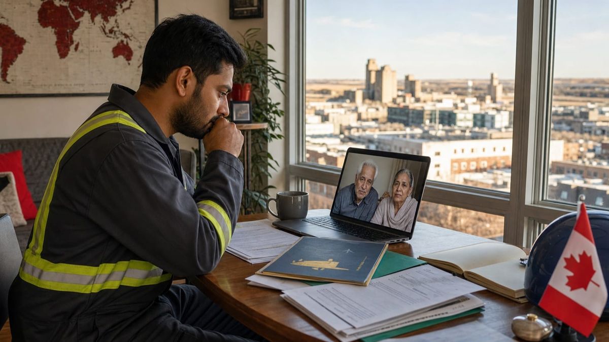 Trabalhador imigrante no Canadá conversa por vídeo com os pais enquanto analisa documentos migratórios