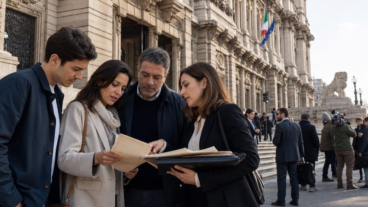 Família de descendentes analisa documentos com advogada diante de tribunal em Roma