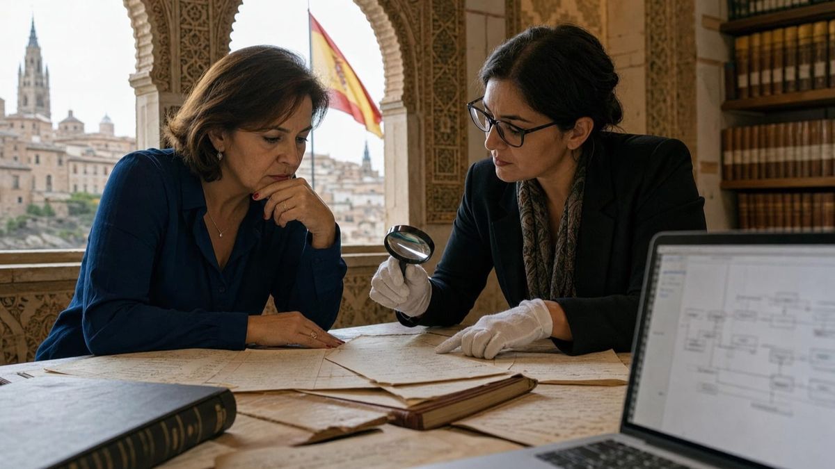 Pesquisadora analisa documentos genealógicos sefarditas em um arquivo histórico na cidade de Toledo, Espanha
