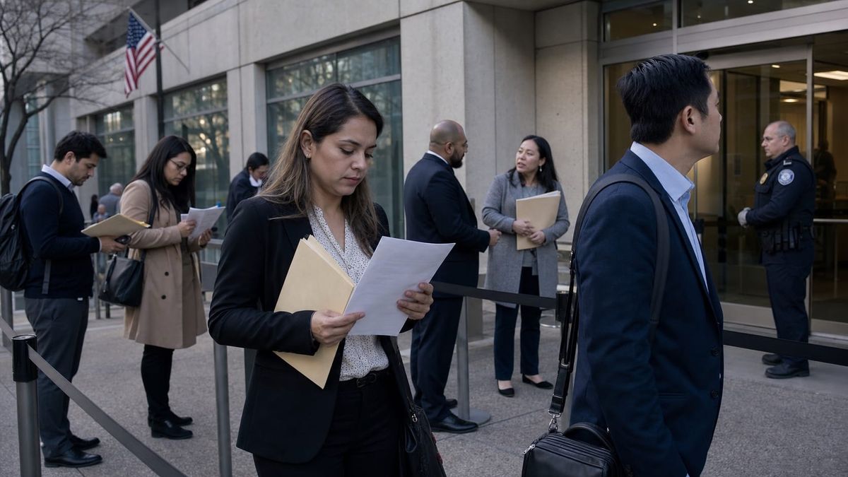 Candidatos aguardam com documentos na entrada de um escritório federal de imigração nos Estados Unidos