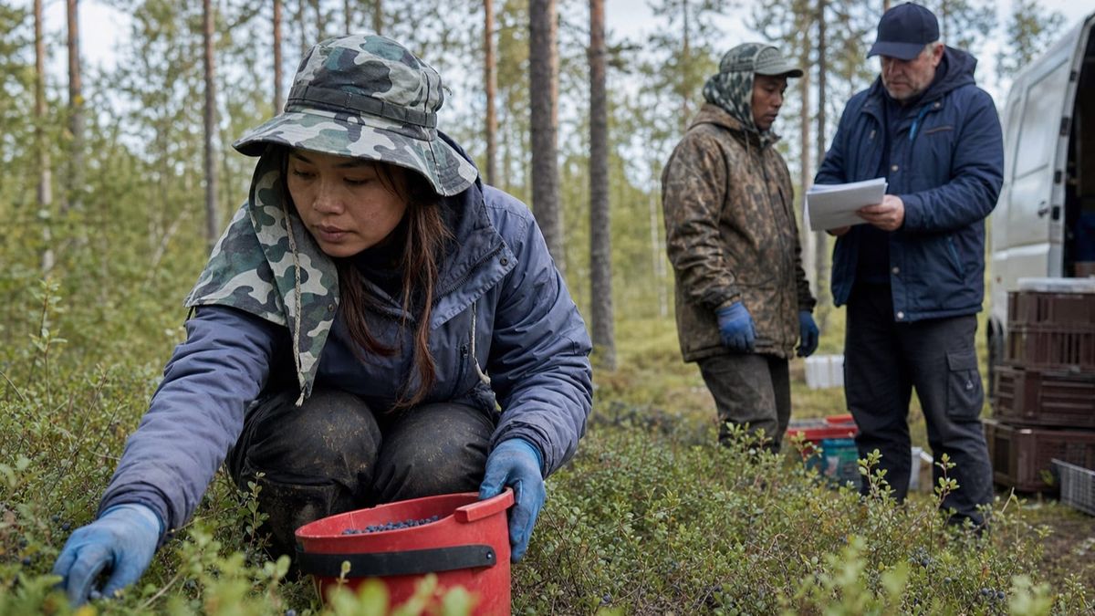 Trabalhadora sazonal colhe frutas silvestres enquanto fiscal analisa documentos em floresta finlandesa