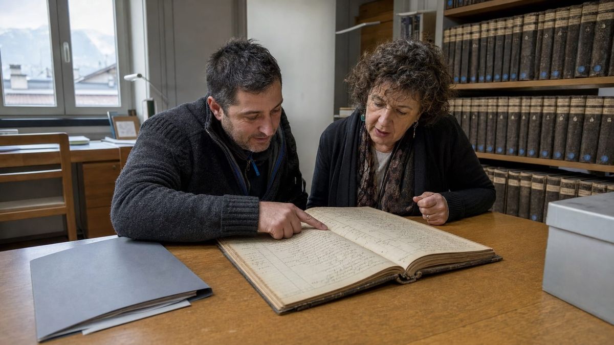 Descendente de emigrantes consulta um antigo registro familiar com uma arquivista em Trento