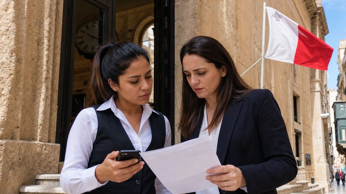 Trabalhadora estrangeira e advogada revisam documentos diante de edifício público em Valletta