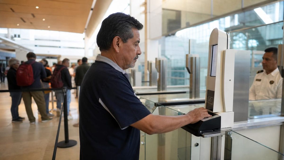 Viajante com passaporte diante de filtros migratórios digitais em aeroporto do México
