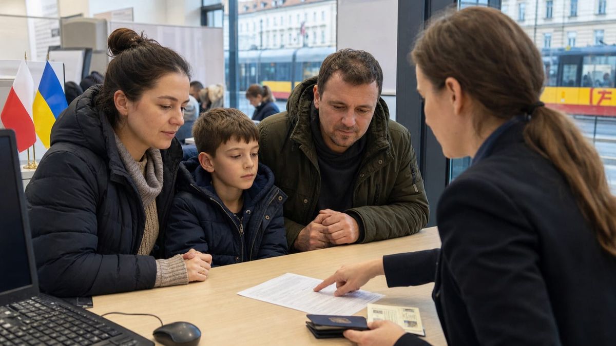 Família ucraniana revisa documentos com servidora pública em centro de atendimento de Varsóvia