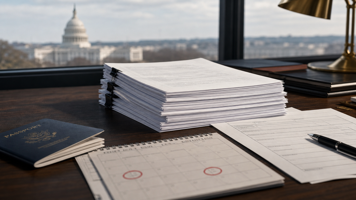 Documentos de imigração dos Estados Unidos e calendário sobre uma mesa, com o Capitólio ao fundo