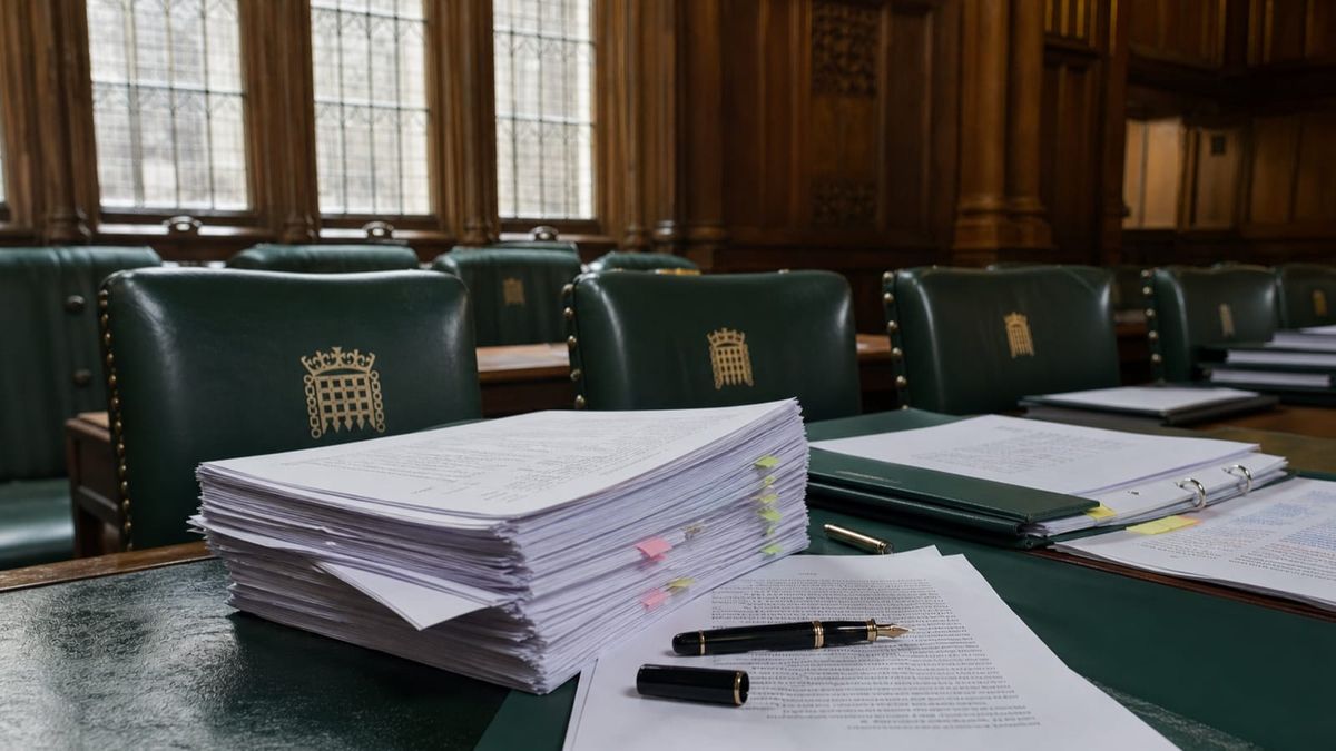 Documentos legislativos sobre a mesa de uma comissão do Parlamento britânico