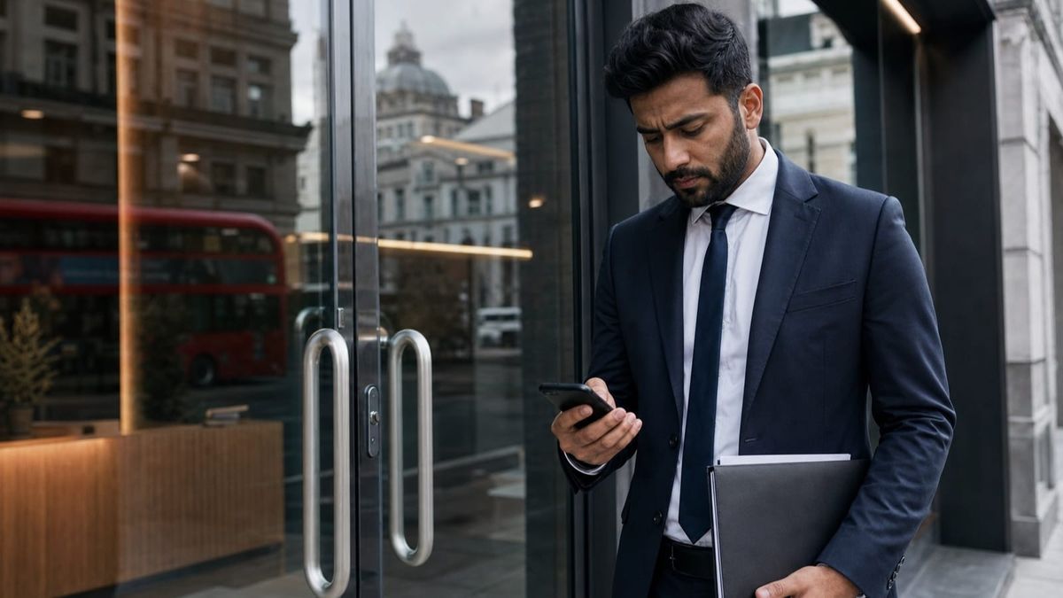 Profissional estrangeiro consulta o celular diante de um escritório fechado em Londres com documentos de trabalho nas mãos