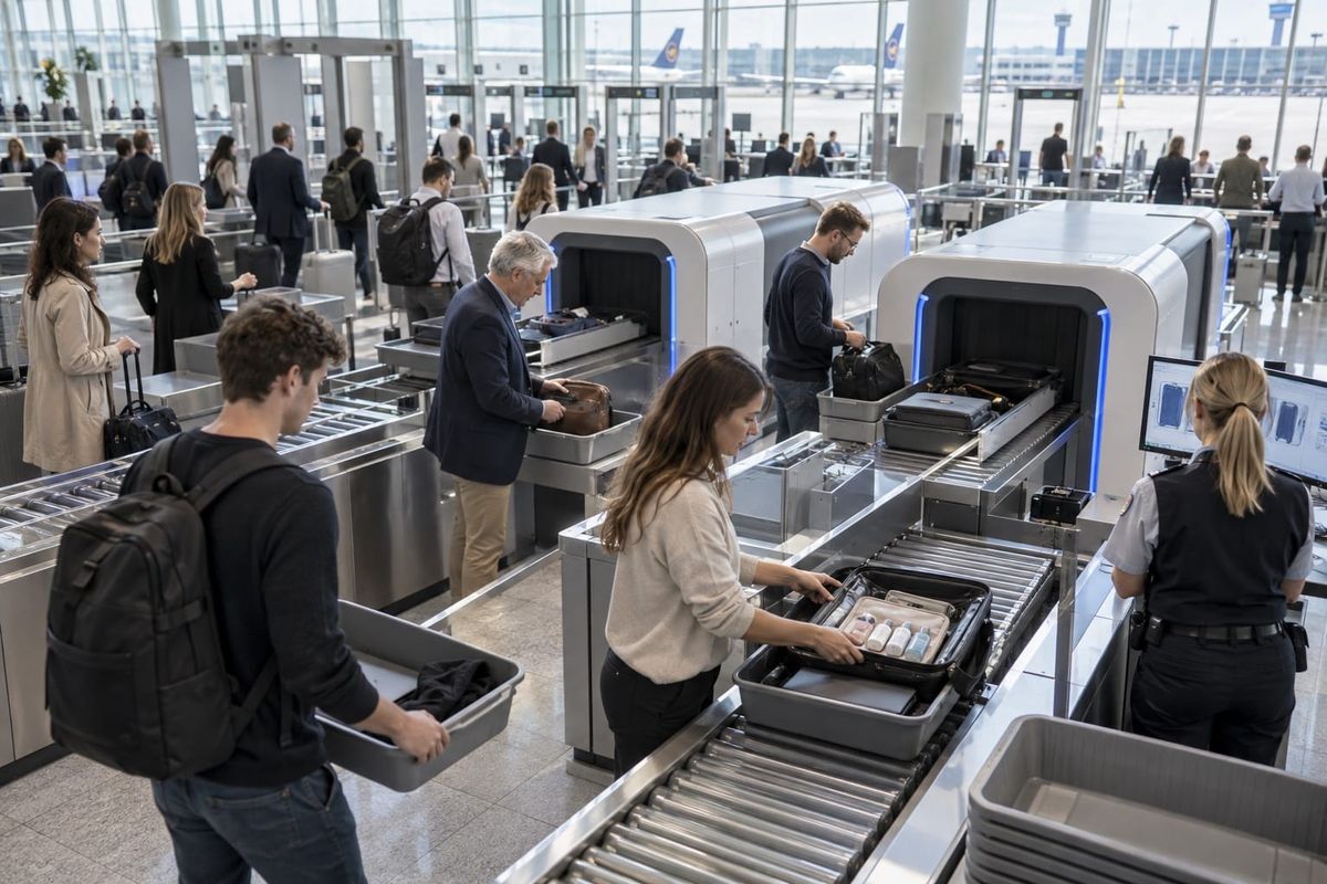 Passageiros atravessam moderno controle de segurança no aeroporto de Munique