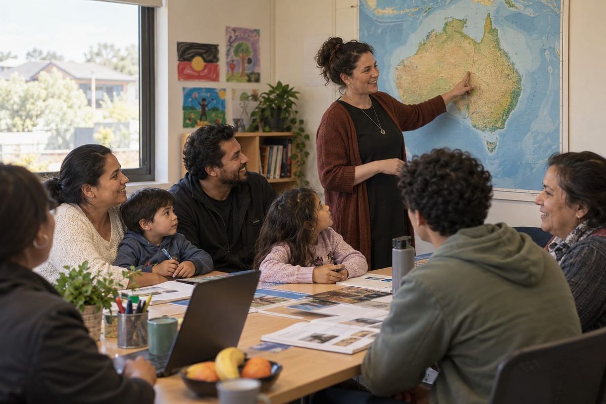 Família migrante participa de sessão comunitária de orientação na Austrália