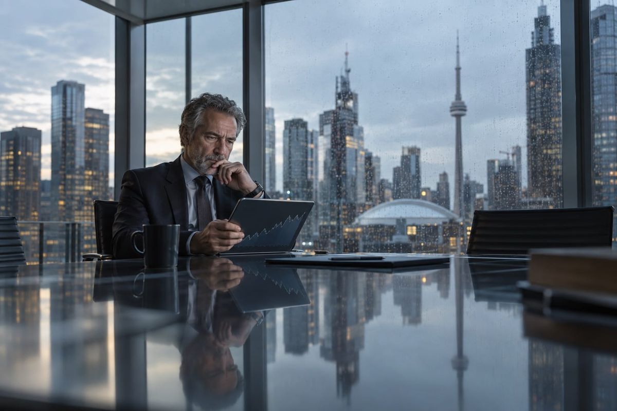 Economista observa gráficos de juros com a região financeira de Toronto ao fundo