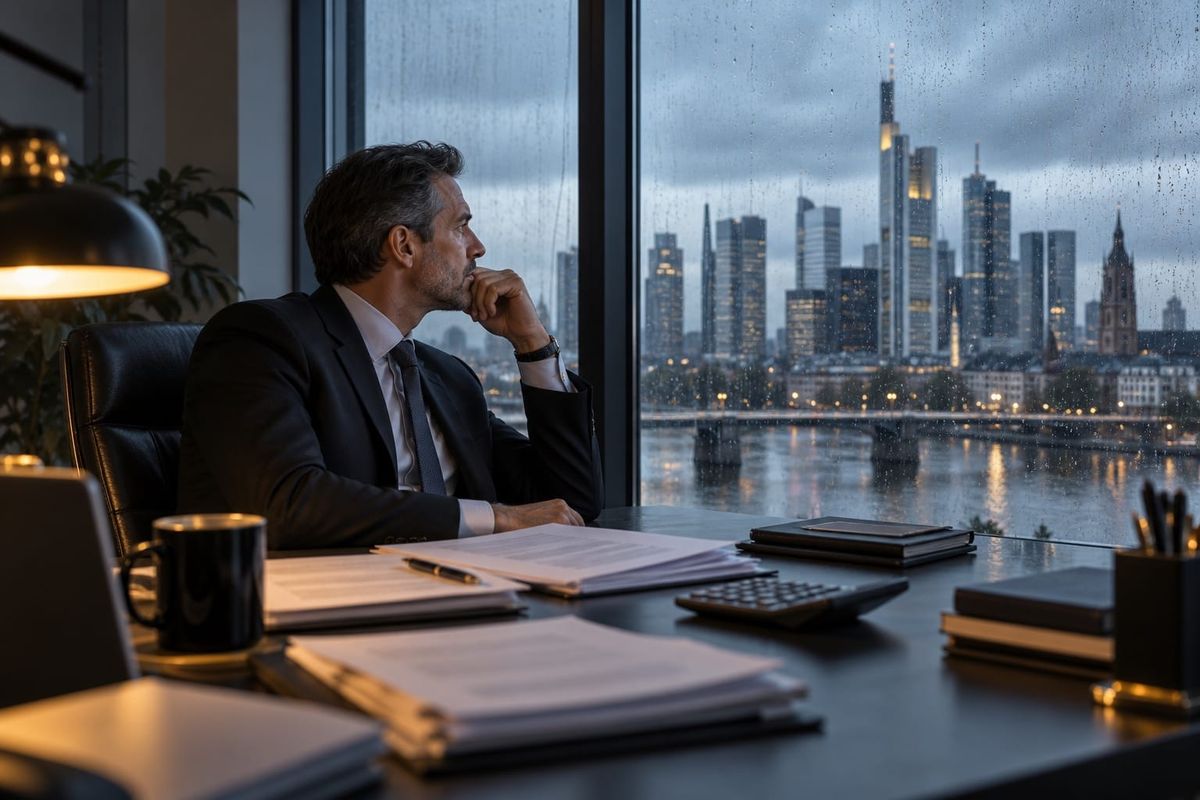 Operador de crédito observa o distrito financeiro de Frankfurt em dia chuvoso