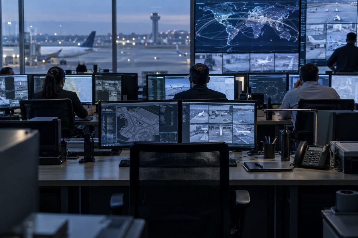 Sala de análise de segurança aeroportuária com agentes diante de painéis desfocados