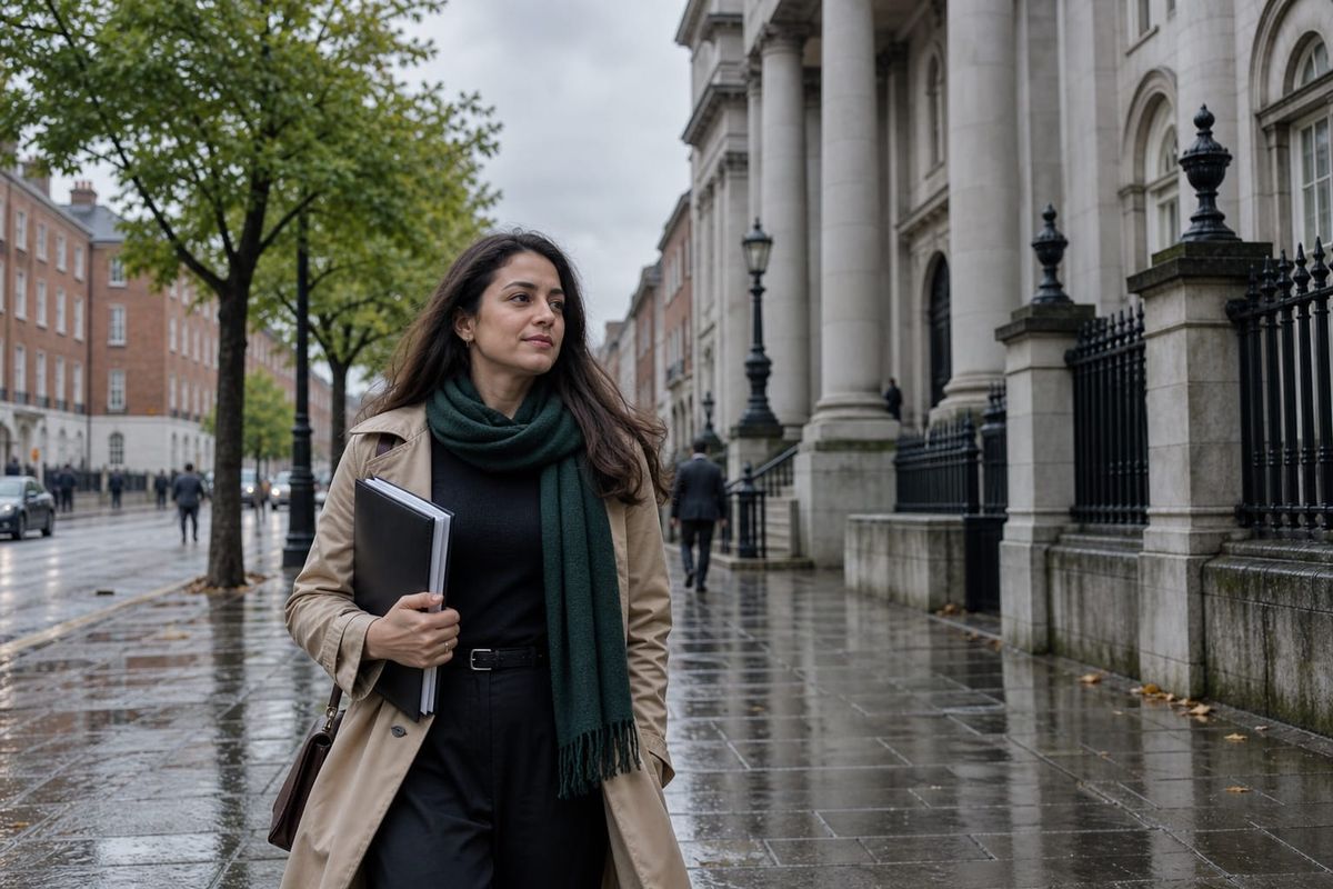 Moradora estrangeira caminha diante de prédios públicos em Dublin com pasta de documentos
