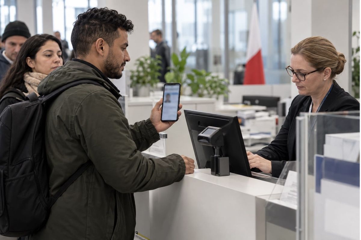 Beneficiária de proteção temporária apresenta documento digital em balcão público polonês