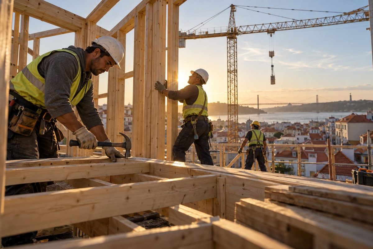 Equipe trabalha na estrutura de um edifício residencial novo em Portugal