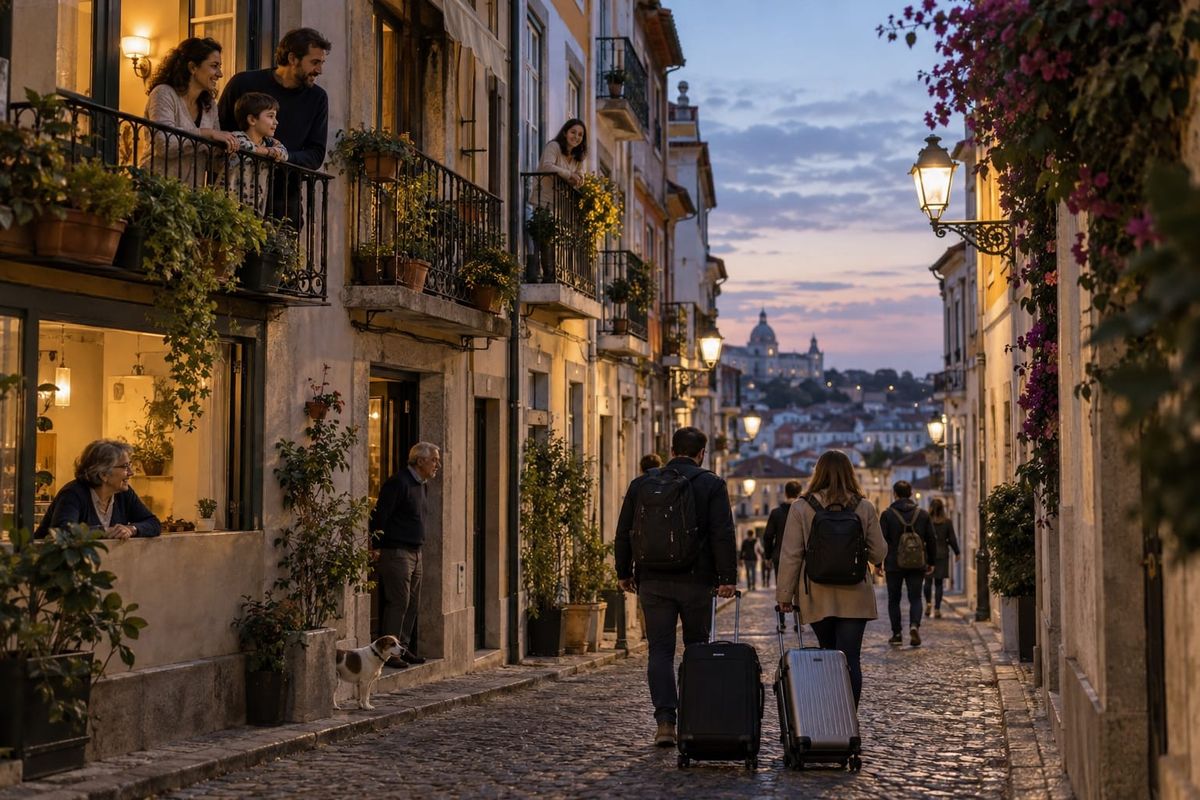 Rua residencial europeia mistura moradores e viajantes diante de apartamentos