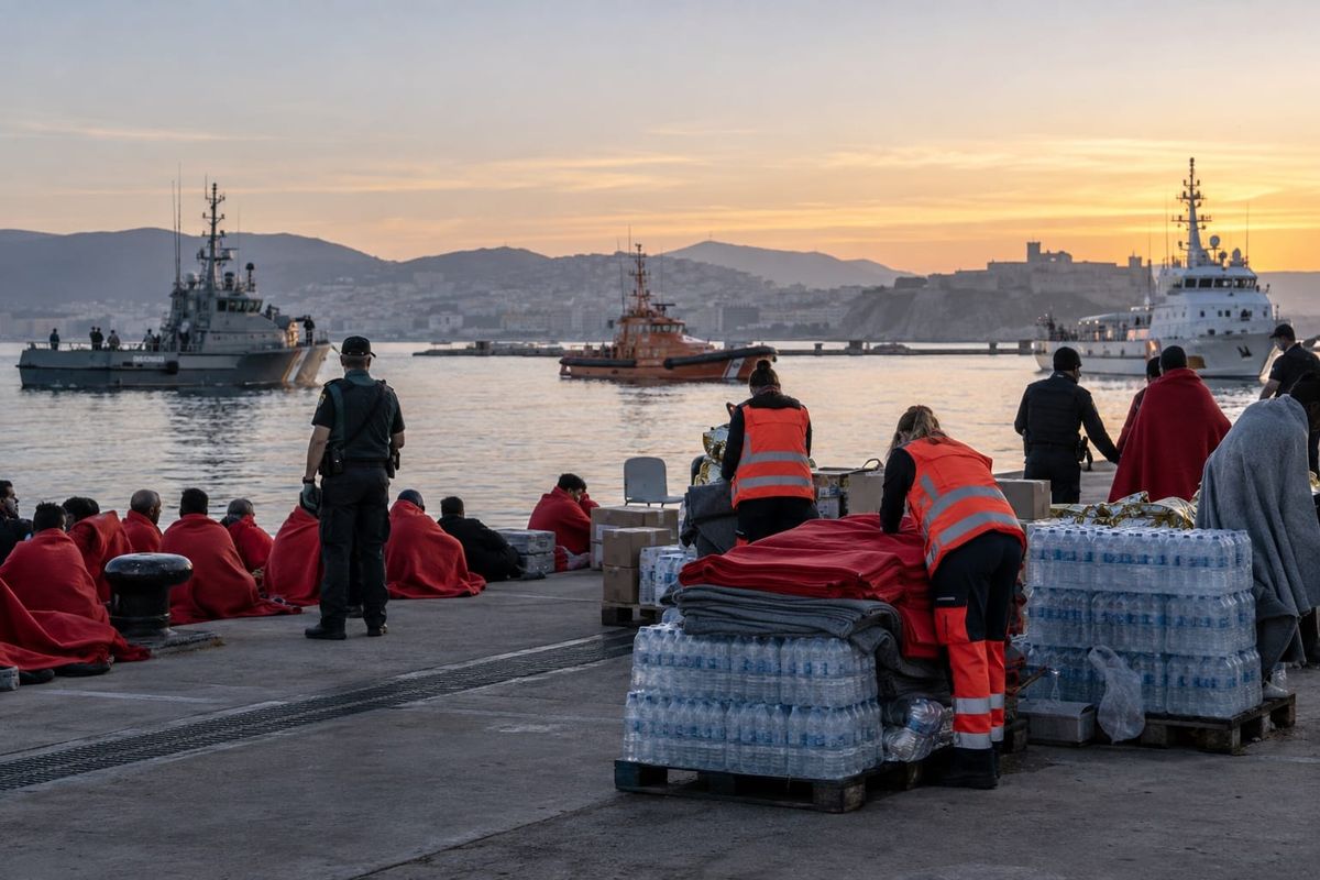 Equipes de resgate e acolhimento trabalham no porto de Ceuta ao amanhecer