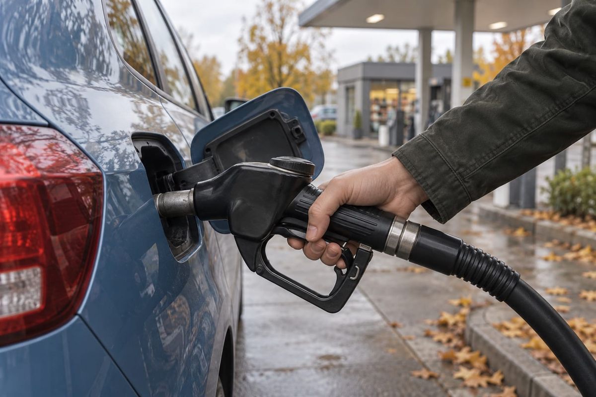 Mão segura uma bomba de combustível conectada ao tanque de um carro azul em um posto, em imagem ilustrativa sobre abastecimento.