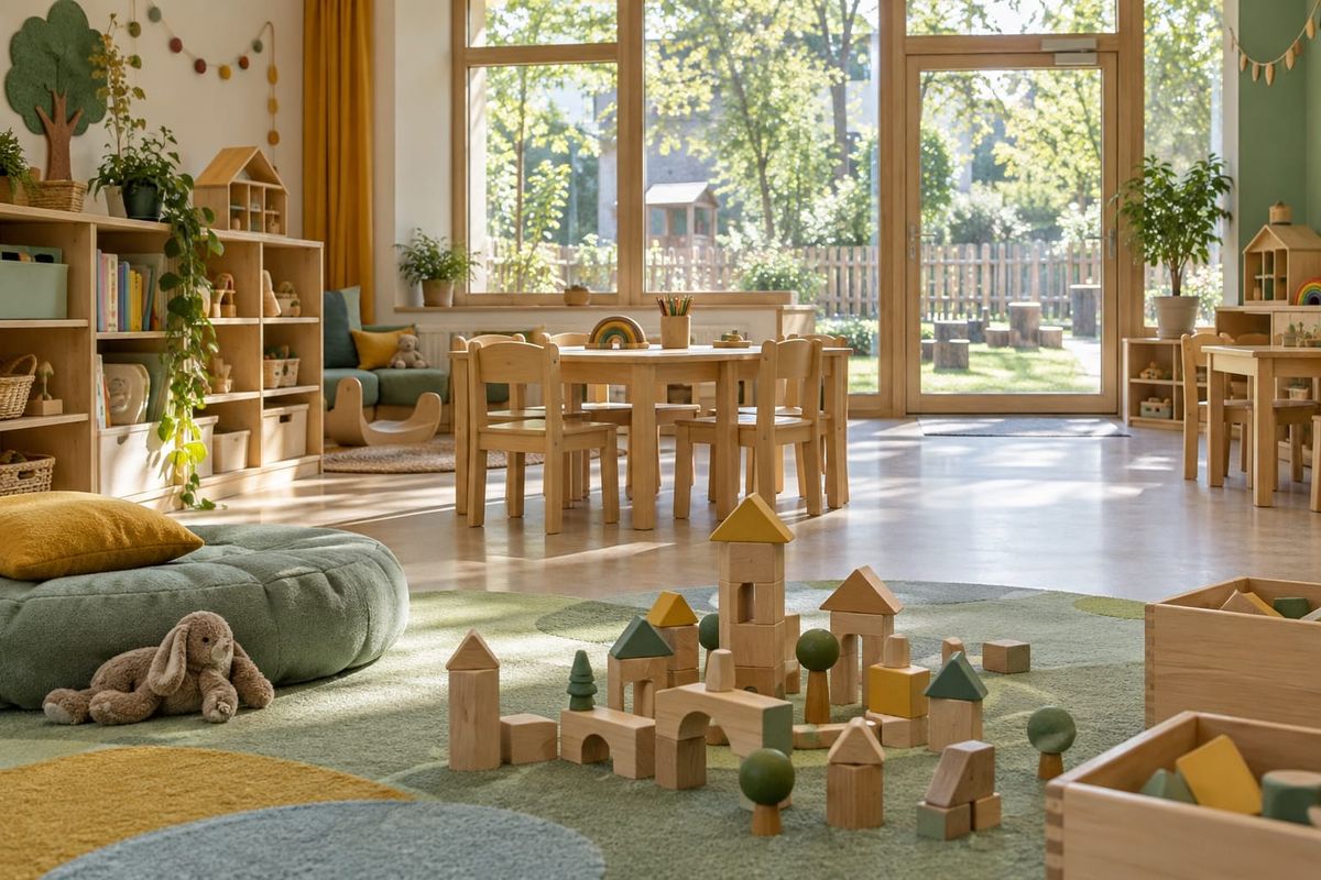 Sala de educação infantil com mesas baixas, blocos de madeira e janelas voltadas para um pátio verde, sem pessoas, em cena ilustrativa.
