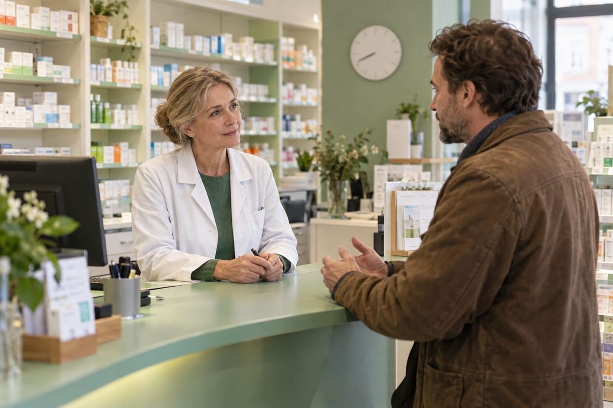 Farmacêutica conversa com um cliente diante de um balcão verde-claro, com prateleiras de medicamentos ao fundo, em cena ilustrativa.