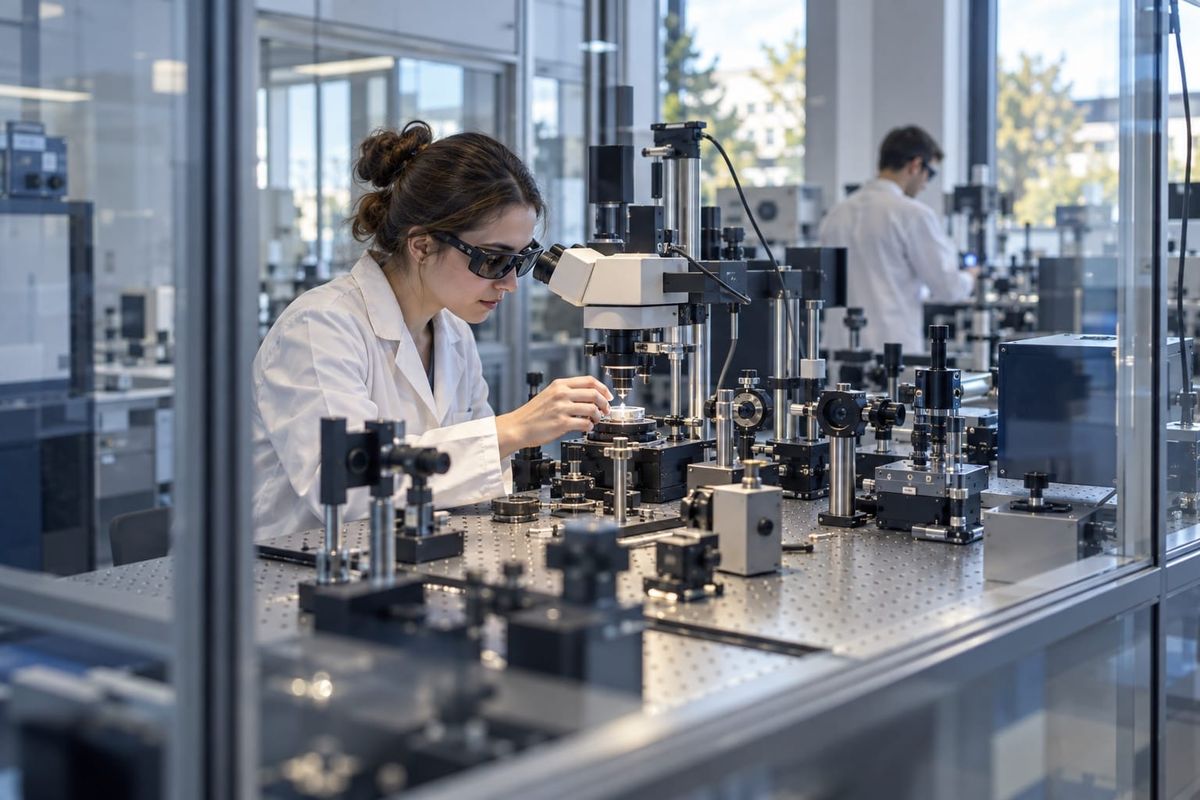Pesquisadora observa uma amostra em bancada de laboratório com equipamentos ópticos, vista através de uma divisória de vidro, em cena ilustrativa.