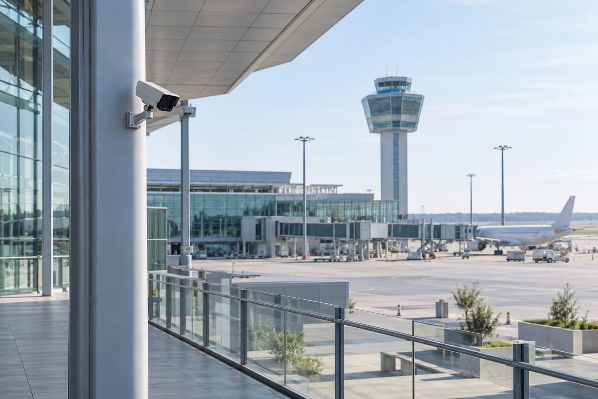 Câmera de segurança em pilar de aeroporto fictício, com torre de controle, terminal de vidro e avião distante sob céu claro.
