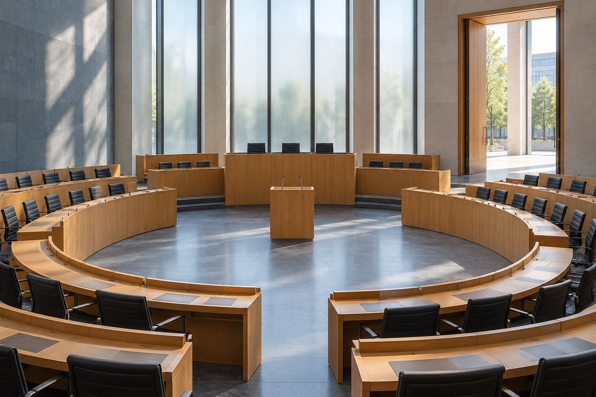 Plenário cívico fictício com bancadas semicirculares de madeira, cadeiras vazias e grandes janelas iluminadas, representando o debate legislativo alemão.