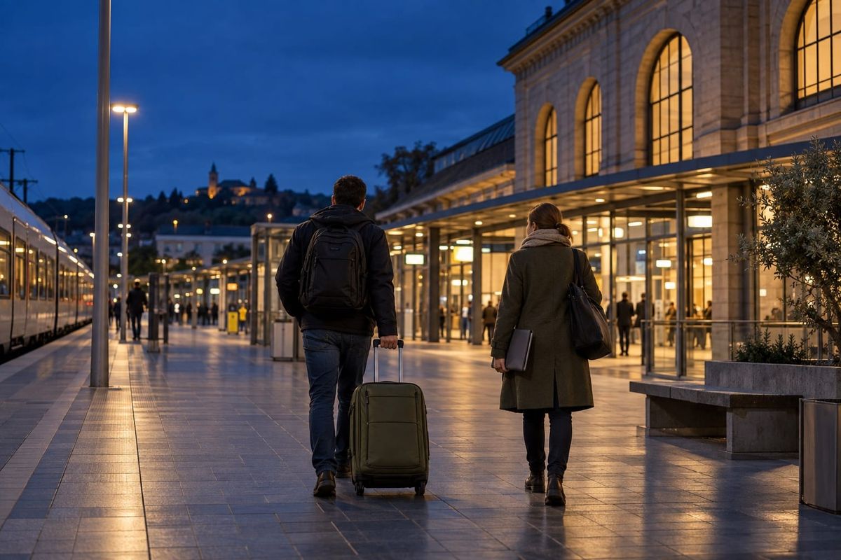 Dois viajantes adultos vistos de costas, com mala e pasta, caminham em estação alemã fictícia ao anoitecer, entre luzes quentes e céu azul-escuro.