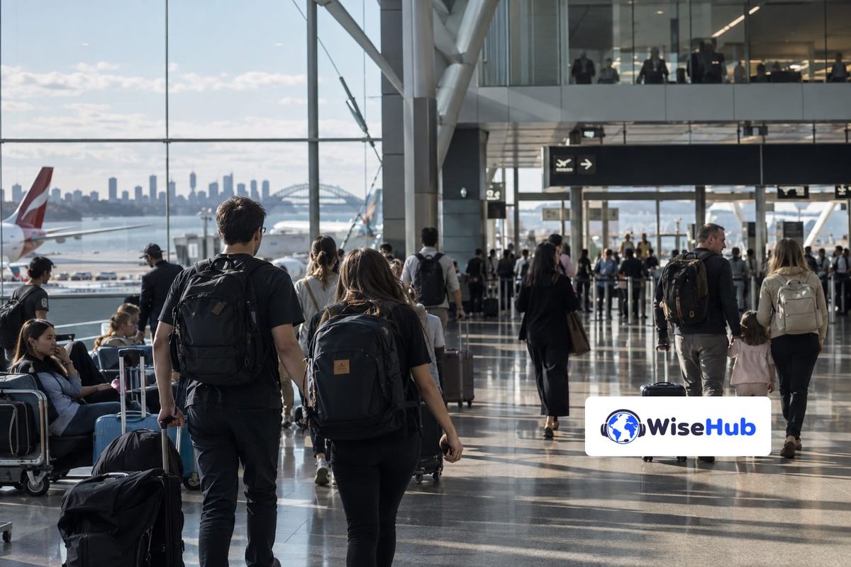 Viajantes com malas em terminal aeroportuário australiano fictício, em ilustração fotorrealista com o logo oficial da WiseHub.