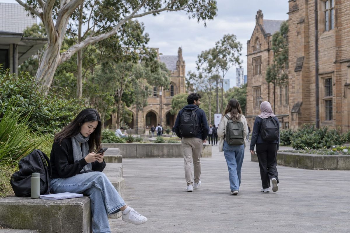 Estudantes adultos caminham por um campus de inspiração australiana, enquanto uma jovem consulta o celular, em cena ilustrativa.