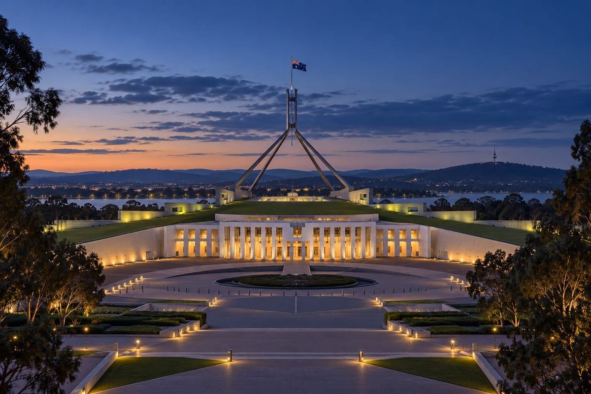 Representação ilustrativa do Parlamento australiano em Canberra ao anoitecer, com fachada iluminada e jardins no primeiro plano.