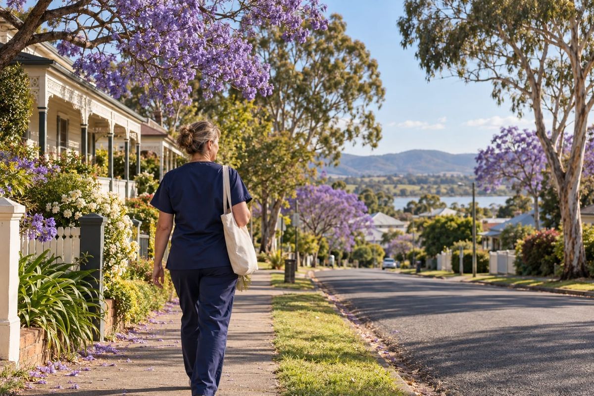 Profissional de saúde de uniforme azul caminha por uma rua residencial com jacarandás floridos, em cena australiana ilustrativa.