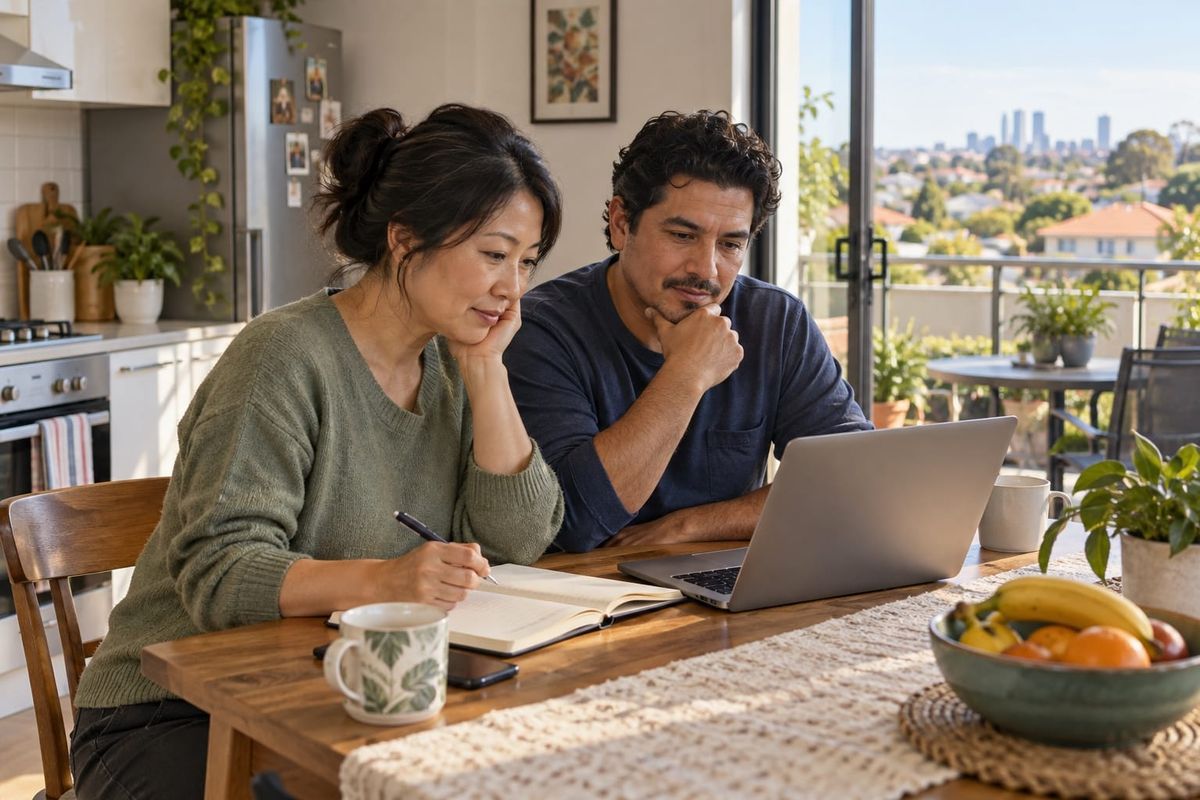Casal adulto examina um caderno e um computador à mesa de uma cozinha, com varanda e telhados ao fundo, em cena doméstica ilustrativa.