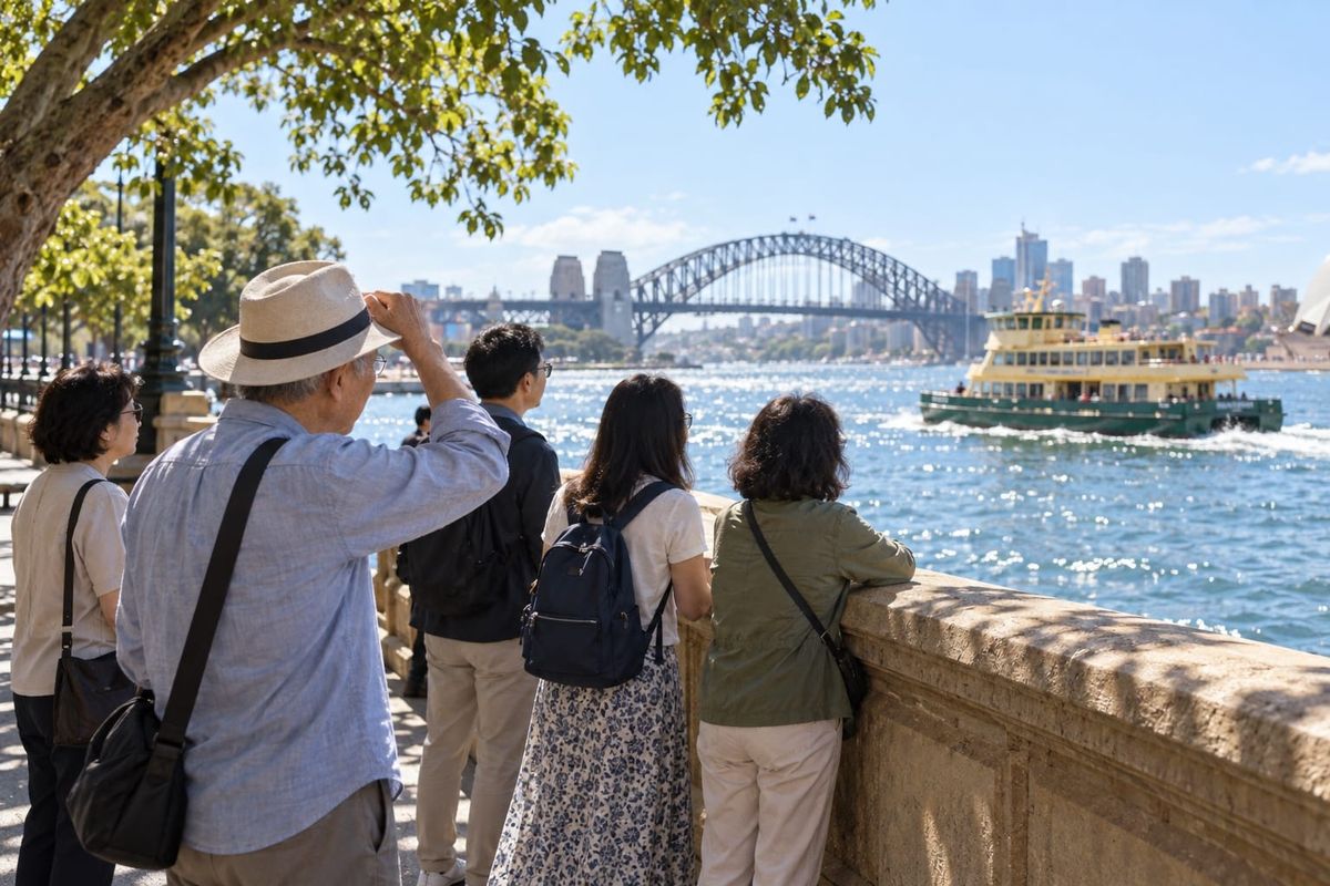 Grupo de visitantes observa uma balsa na baía de Sydney, com a Harbour Bridge ao fundo, em cena de turismo ilustrativa.