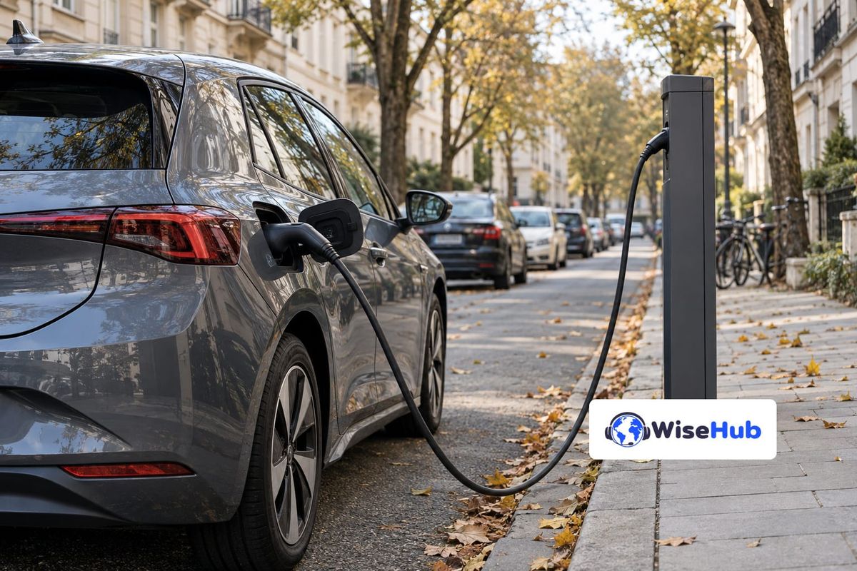 Carro elétrico em ponto de recarga numa rua alemã, em ilustração fotorrealista com o logo oficial da WiseHub.