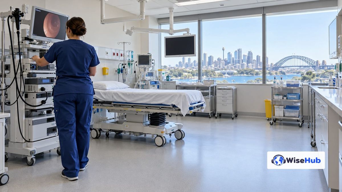 Cena ilustrativa de profissional em sala hospitalar preparada para endoscopia em Sydney, com logo oficial da WiseHub.