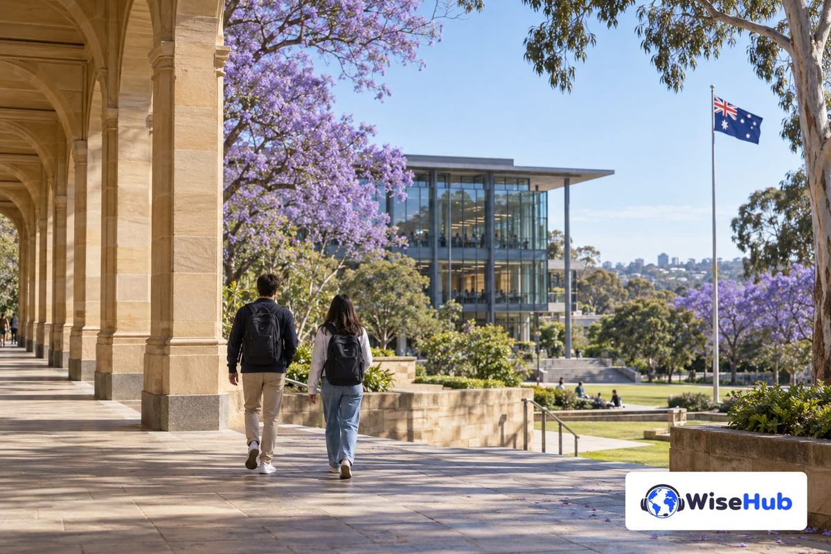 Estudantes adultos em campus australiano com jacarandás e bandeira; logo oficial da WiseHub no canto inferior direito.