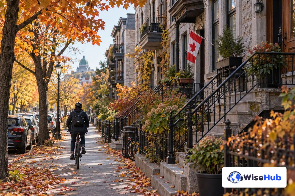 Rua residencial com folhas de outono, ciclista e bandeira canadense; logo oficial da WiseHub no canto inferior direito.