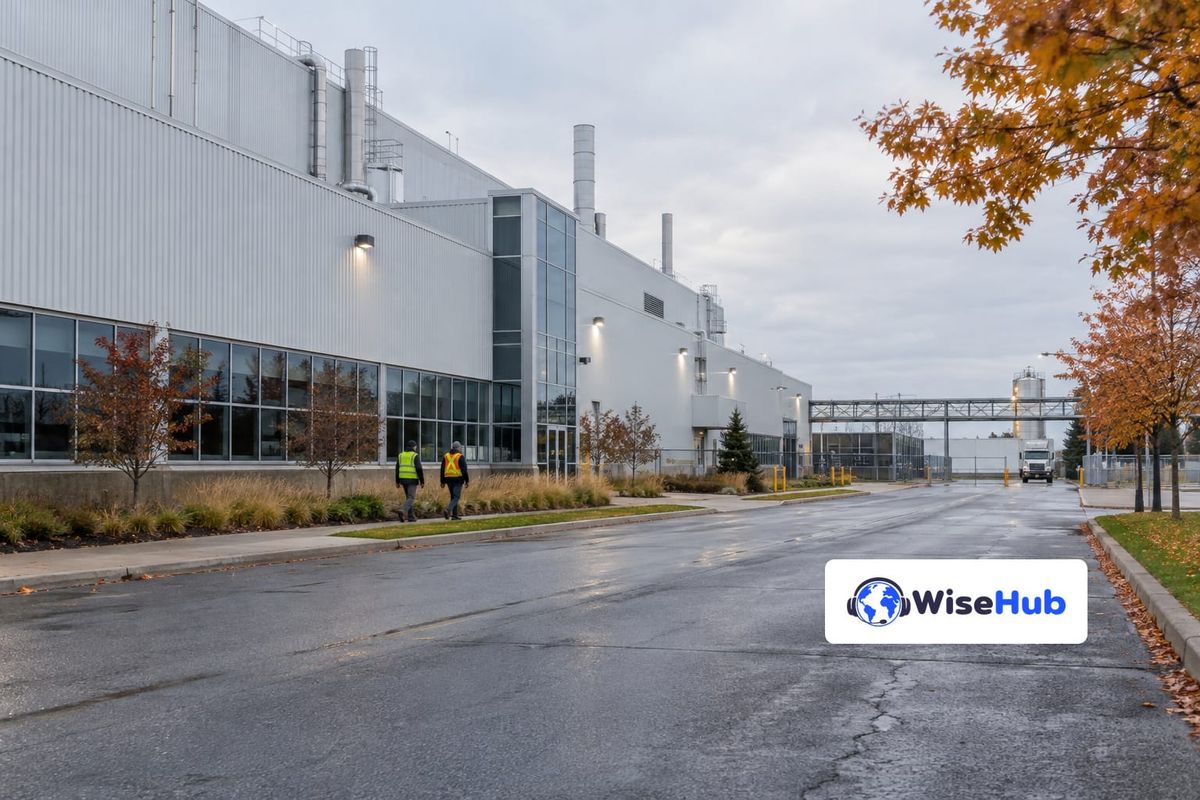 Fachada de fábrica automotiva no Canadá ao amanhecer, em ilustração fotorrealista com o logo oficial da WiseHub.