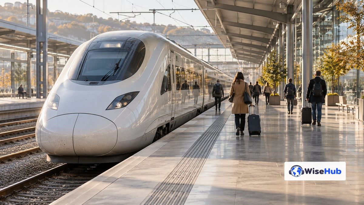 Imagem ilustrativa: trem de alta velocidade e passageiros em uma estação espanhola; logo oficial WiseHub.