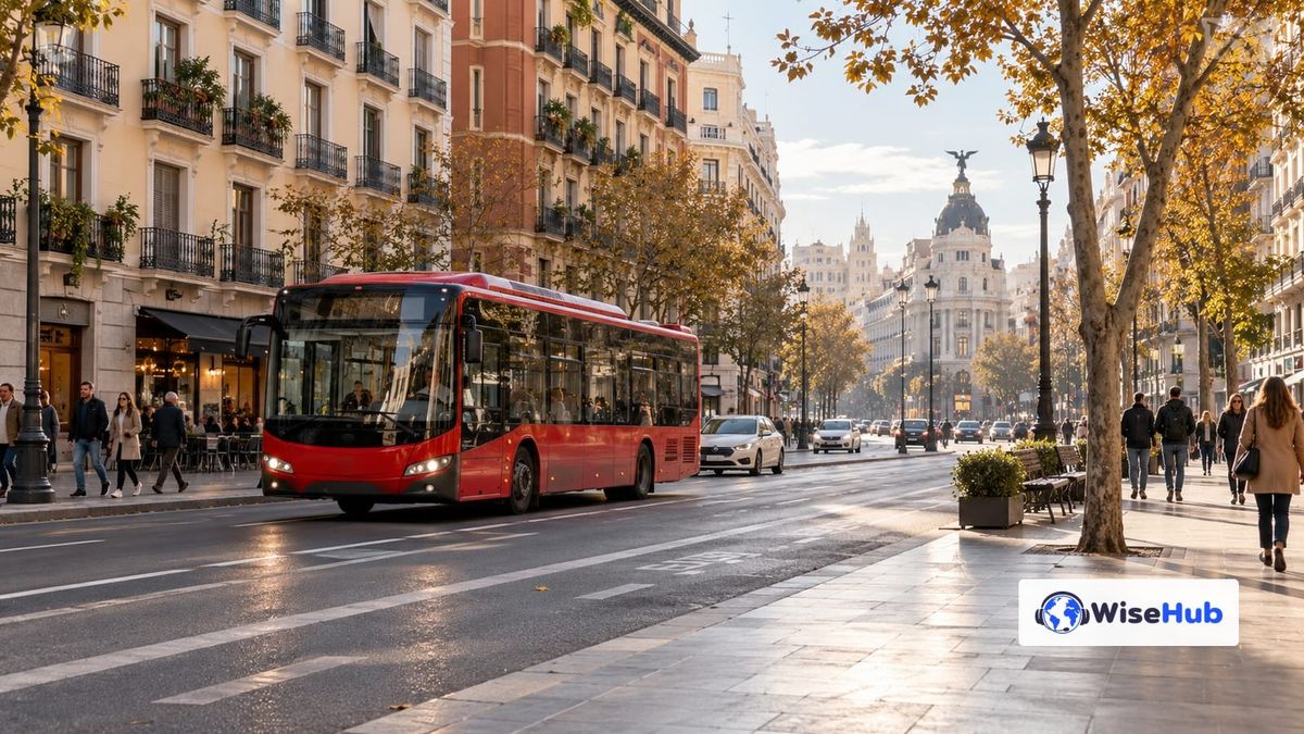 Cena ilustrativa de ônibus urbano em avenida de Madrid com edifícios residenciais ao fundo, com logo oficial da WiseHub.