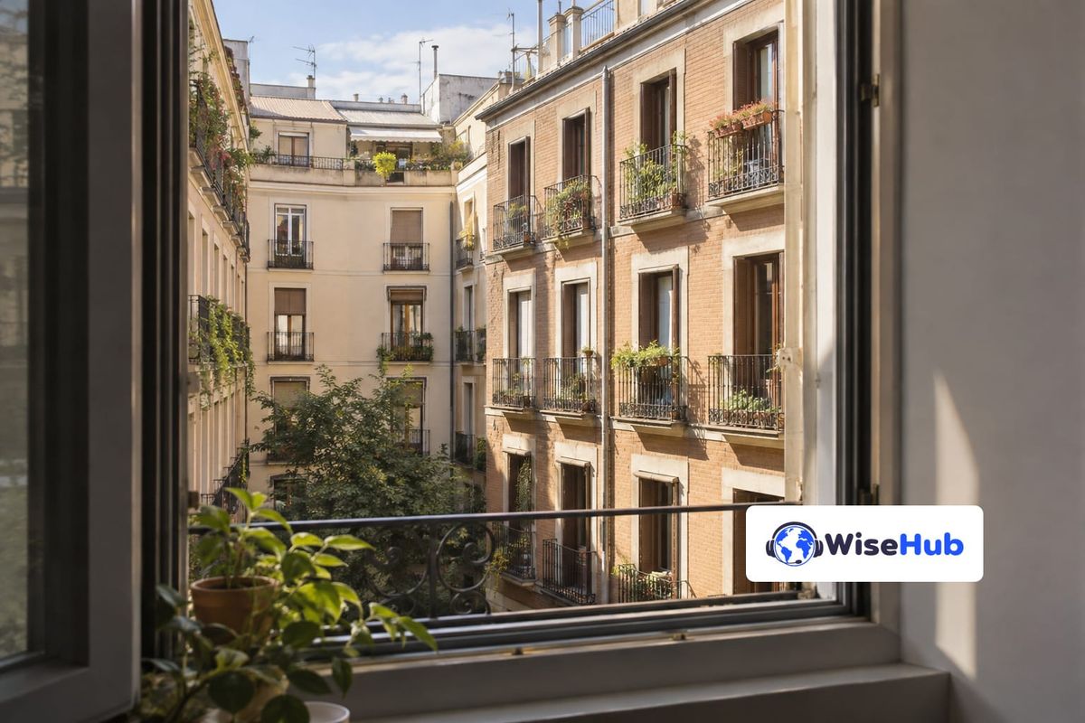 Pátio residencial com fachadas e varandas na Espanha, em ilustração fotorrealista com o logo oficial da WiseHub.